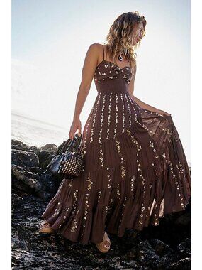 Free People Daisy Chain Embroidered Linen Blend Boho Maxi Dress Women Sz L